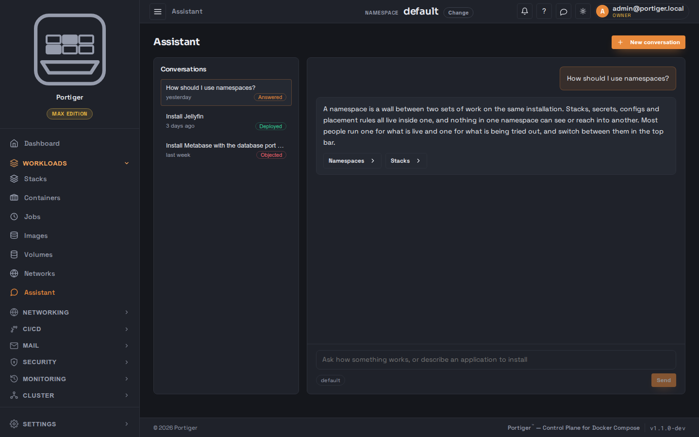 The Assistant page: earlier conversations listed beside an answer explaining namespaces, and a box asking how something works or describing an application to install.