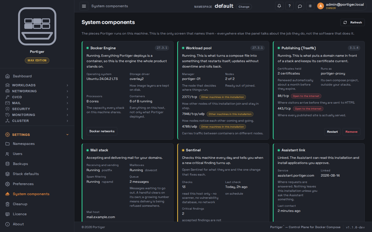 The System components page, listing the Docker engine, the workload pool, publishing through Traefik, the mail stack, Sentinel and the Assistant link, each with its version and whether it is running.