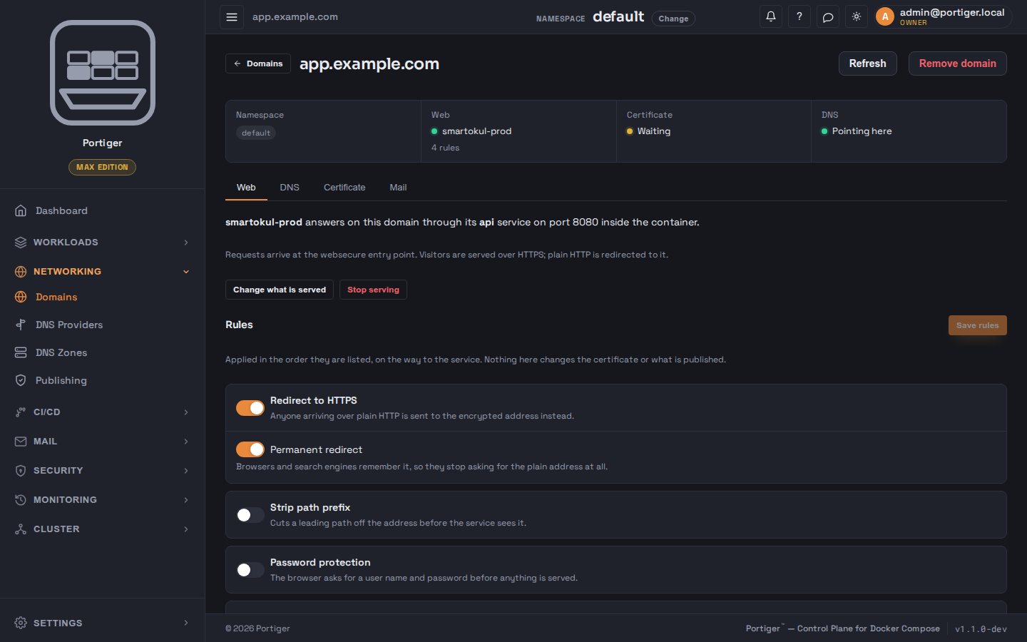 A domain's Web tab: which stack and port answer on it, and switches for redirect to HTTPS, permanent redirect, stripping a path prefix and password protection.