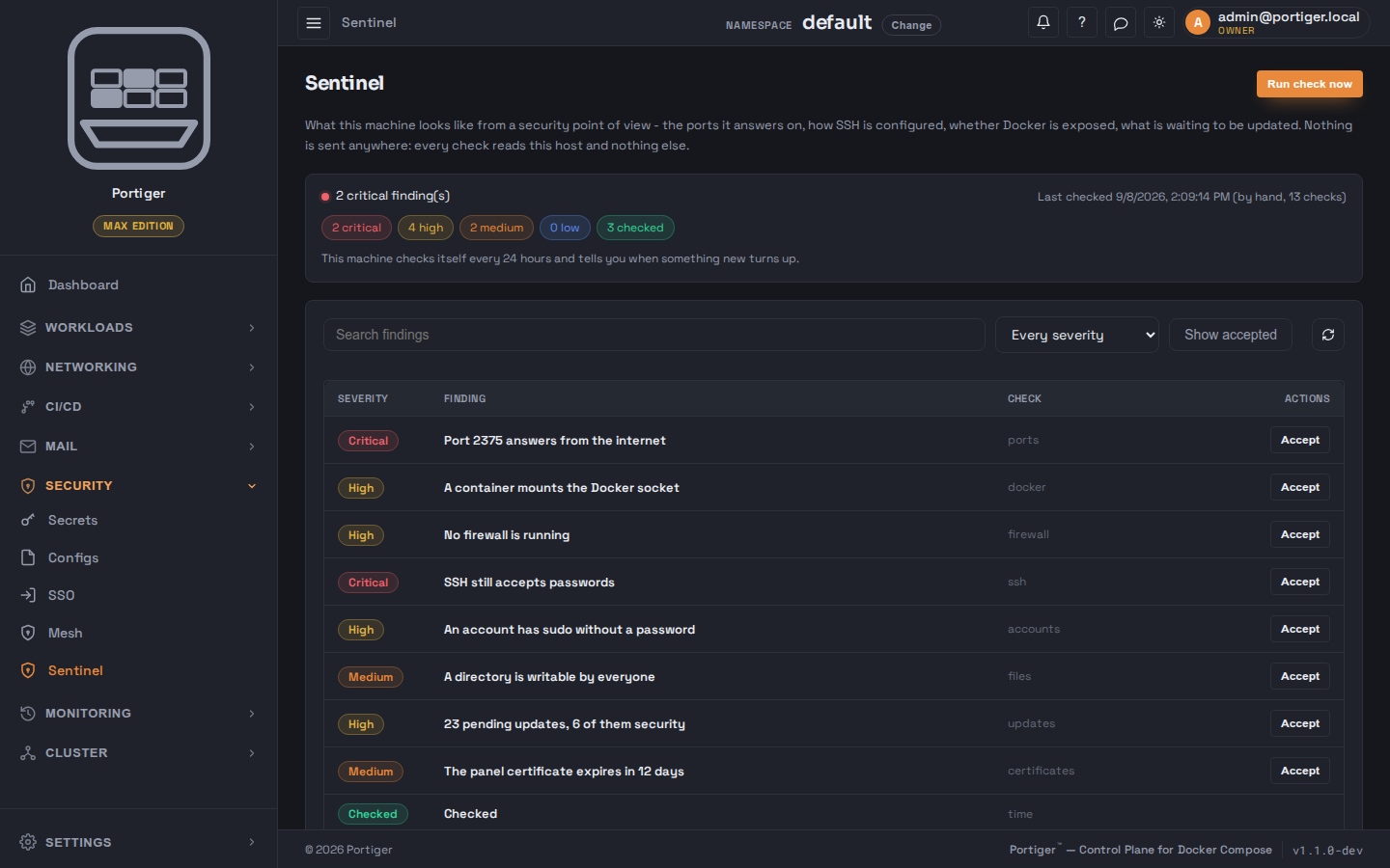 The Sentinel page: findings counted by severity, then a list naming each one, such as a port answering from the internet, SSH still accepting passwords and no firewall running, with the check that found it.