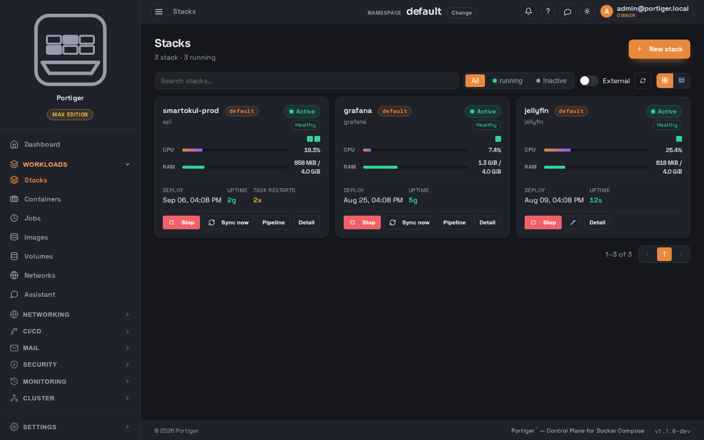The Stacks page: three stacks as cards, each with its namespace, health, processor and memory use, deploy time and uptime.